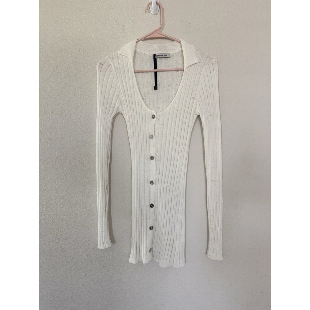 Maniere De Voir Knit Pointelle Mini Collared Sweater Dress Designer Luxury XS